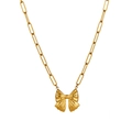 Vintage gold stainless steel paperclip chain necklace with textured bow pendant - XLE-1-1 Necklace - Gold