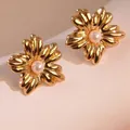 Golden stainless steel flower earrings with white pearl center and textured finish - Stainless Steel Pearl Pleated Flower Earrings