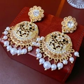Close-up of vintage gold hollowed earrings with crystals and white pearls on leather - 17# Silver Needle - Gold