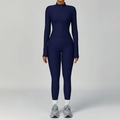 Dark blue ribbed yoga set featuring a slim zip jacket and high-waist sports leggings - S / Jacket + Trousers / Navy Blue