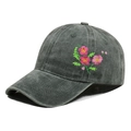 Detailed embroidery of pink flowers on a dark gray washed cotton baseball cap - Adjustable / Army Green