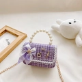 Mini purple tweed children purse with pearl handle and lace bow detail - Purple Checkered