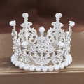 Detail of silver alloy crown with hollow patterns, white pearls and sparkling rhinestones - Small Round Silver 01
