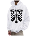 White fleece hoodie with black skeleton rib print, featuring a drawstring and pocket - S / Tops / White