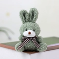 Cute light green plush rabbit with curly faux fur and a brown checkered ribbon bow - Green / 11cm