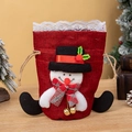 Christmas snowman drawstring candy bag in red burlap with white lace and gold bells - Red Snowman Style with Lace