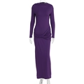 Detail of deep purple long sleeve bodycon dress with crossed pleated waist and cowl neck - S / Purple