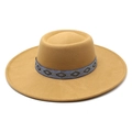 Close-up of wool felt fedora featuring a blue geometric diamond pattern ribbon band - M / Camel