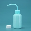 Light blue 250ml plastic wash bottle with curved nozzle and scale markings - 150ml (Blue with Extra Cap)
