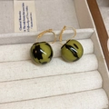 Detail of vintage gold hook earrings with olive green marble texture sphere drops - 41# Ear Hook - Green - Round Bead
