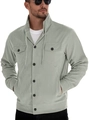 Detail of light sage green corduroy jacket showing button closure and chest pockets - Gray