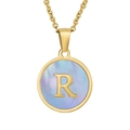 Golden letter R necklace with round purple mother of pearl pendant and O-chain - Gold Initial R (With Chain)