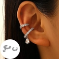 Silver ear cuff set with pear-shaped zirconia drop and sparkling cubic zirconia stones - White K - Teardrop Pendant Style (8582)