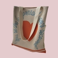 Detail of knitted tote bag with orange heart and 'You're the best present ever received' text - Beige Orange Heart