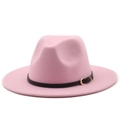 Elegant pink wool fedora hat with a black leather band and golden buckle detail - M (56-58cm) / Pink