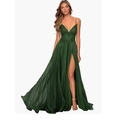 Close-up of lace appliques and thigh-high slit on a dark green chiffon evening dress - US size 2 / Dark Green