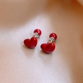 Close-up of red heart earrings with silver pins on elegant champagne silk fabric - Heart Stud Earrings (11#)
