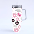 40oz insulated travel tumbler with pink floral and butterfly pattern, handle and straw - r168 / 40oz