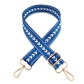Close-up of blue nylon woven shoulder strap with white chevron pattern and gold metal hooks - Sky Blue With Silver Buckle