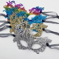 Lace masquerade masks in silver, gold, blue, and colorful gradient with black silk ribbons - One Size