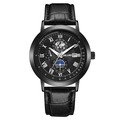 Reloj de hombre con correa de cuero negro y esfera multifunción con fase lunar - Esfera Negra Agujas Plata Caja Negra Correa Negra