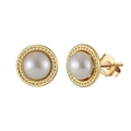 Elegant 925 sterling silver pearl stud earrings with golden wheat grain borders - Freshwater Pearl 6-6.5mm (GPE98)