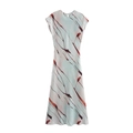 Elegant sleeveless satin maxi dress with round neck and blue marble print pattern - XS / Light Blue