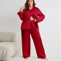 Tweeledige dames pyjamaset in wijnrood satijn met shirt met lange mouwen en lange broek - 3XL / Rood
