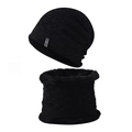 Close-up of black knit hat and neck warmer set with thick fleece lining texture - Black Zirconia Set