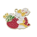 DIY keychain charm featuring a white enamel bunny holding a large red strawberry - Strawberry Bunny (18546)