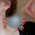 Vintage gold earrings with red maple leaf design, long tassels and sparkling crystals - Hoop Red Maple Leaf (32#)