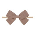 Cute taupe linen bow headband for babies with soft seamless nude nylon elastic band - Tan