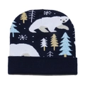 Navy blue winter beanie with polar bear and snowflake jacquard knit pattern - Dark Blue Polar Bear Pattern (K)