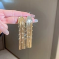 Elegant gold tassel earrings with shimmering white crystals in a long dangle style - 44# 925 Sterling Silver Earring Post - Gold (U-shape Tassel)