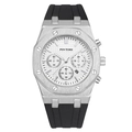 Silver stainless steel chronograph watch with white dial and black rubber strap - Silver Case White Dial