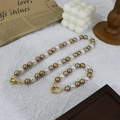 Three-tone faux pearl necklace and bracelet set with large gold round toggle clasp - Bracelet
