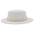 Detailed view of elegant white wool felt boater hat with layered pearl strand embellishments - M (56-58cm) / White (Large Pearl)