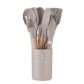 Set di 14 utensili da cucina in silicone kaki con manici in legno e secchiello coordinato - Cachi Set da 12 Pezzi Con Secchiello Piccolo (Versione Leggera)