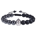 Detailed close-up of Spartan helmet charm and hematite beaded adjustable bracelet - Black Magnetic Stone and Frosted Stone Bracelet