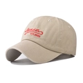 Close-up of red 'EST.1993' embroidery on a khaki washed cotton baseball cap texture - Adjustable / Beige