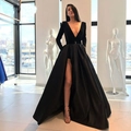 Elegant black velvet long sleeve V-neck evening gown with high slit and satin skirt - US Size 2 (S) / Black