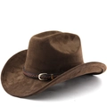 Classic dark brown suede western cowboy hat with a braided leather band and metal buckle - M (56-58cm) / Coffee