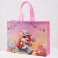 Pink non-woven shopping bag featuring cute cartoon bear and carnival print for children - Bear