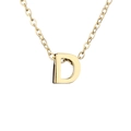 Close-up of 18k gold plated uppercase letter D pendant on a thin link chain necklace - Letter D