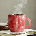 Pink geometric mineral crystal coffee mug with metallic rim and faceted design - Pink