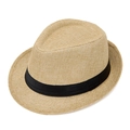 Classic light khaki straw fedora hat with black ribbon band for men's summer sun protection - Beige