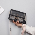 Chic black PU leather square bag with woven flap and wide embroidered strap - Black