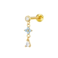 Mono boucle d'oreille dorée avec croix en zircon bleu clair et gemme goutte d'eau - Style Pendentif Goutte d'Eau Croix Doré (24042601-5)