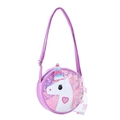 Detail of purple sequin unicorn crossbody bag with rainbow glitter horn and mesh flower - Purple
