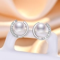 Sparkling zircon and white pearl stud earrings in a minimalist silver-toned open ring design - Platinum Hoop Pearl Stud Earrings (C4)